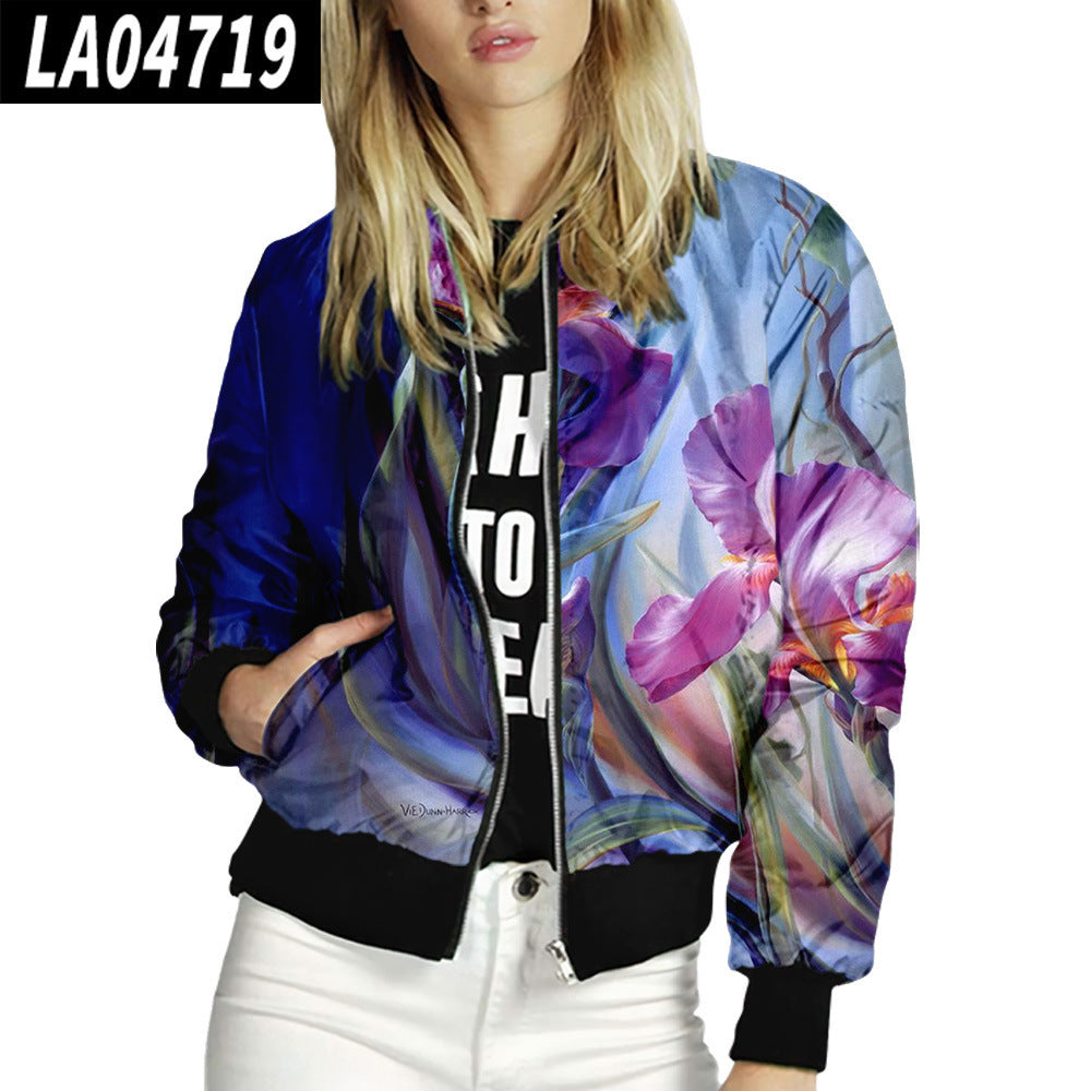 Women Stand Up Collar Baseball Uniform Floral Pattern