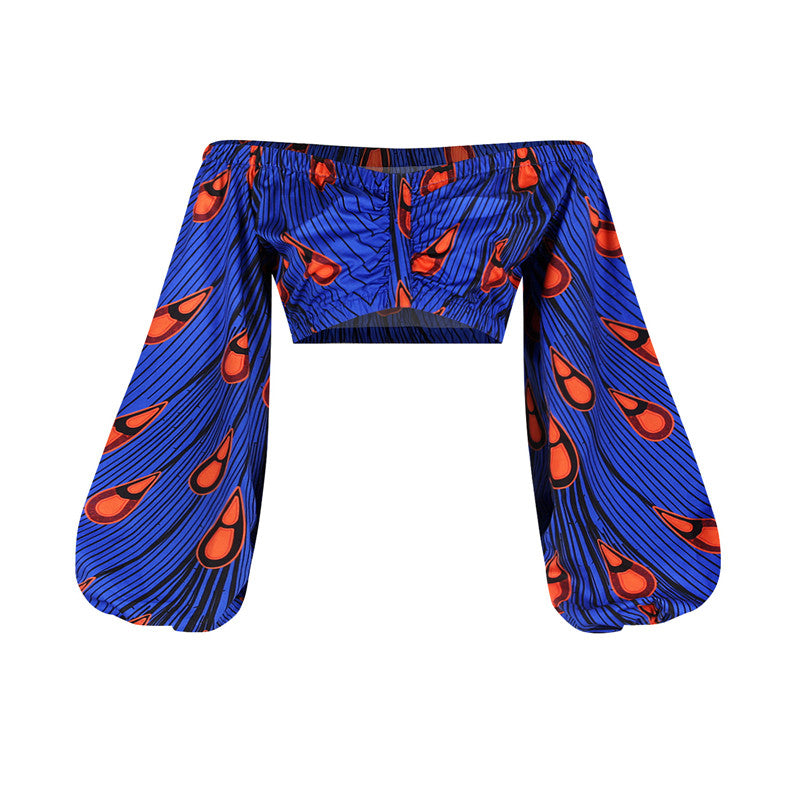 Printed African Style Women's Suit One-way Neck Top Split Skirt