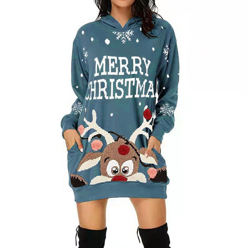 Women's Printed Mid-length Pocket Hooded Long Sleeve Sweatshirt