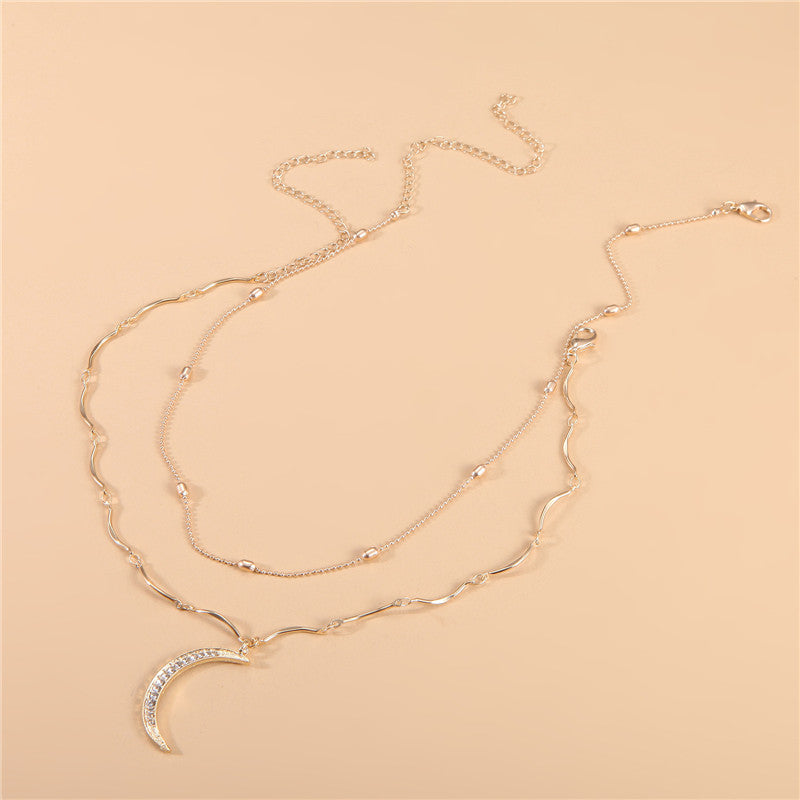 Full Diamond Moon Pendant Layered Pendant Necklace