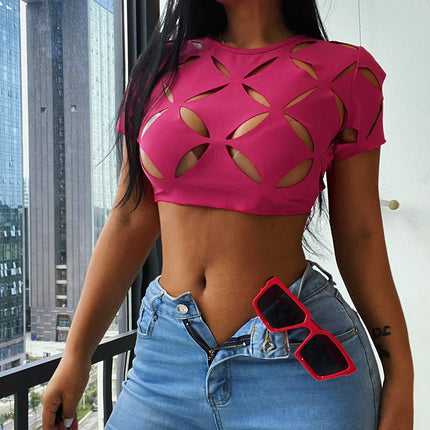Knitted Round Neck Hollowed Out Short Sleeved Top For Women T-shirt sexy dress