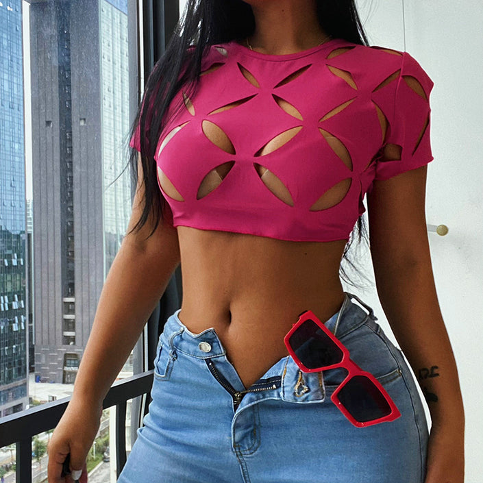Knitted Round Neck Hollowed Out Short Sleeved Top For Women T-shirt sexy dress