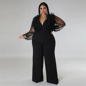 Deep V Solid Large Bodysuit Perspective Long Sleeve Women jumpsuit