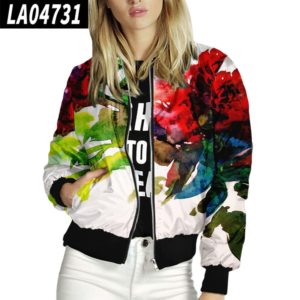 Women Stand Up Collar Baseball Uniform Floral Pattern