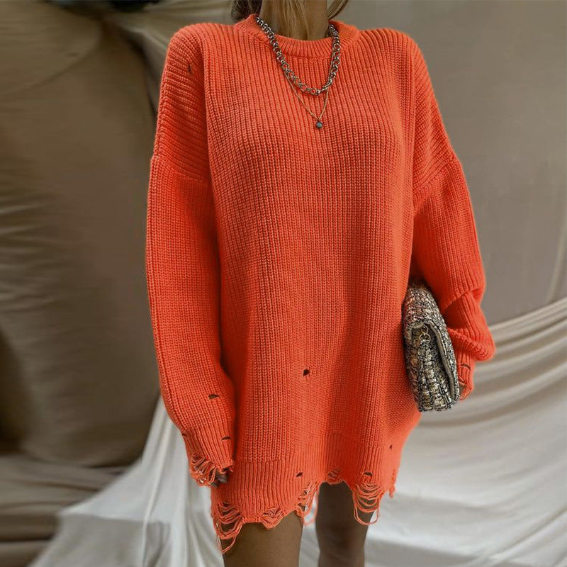 Loose Solid Color Ripped Sweater Mid-length