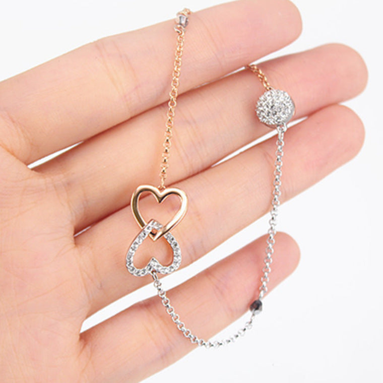 Elegant Romantic Temperament Double Heart Design Clavicle Chain Diamond Love Heart