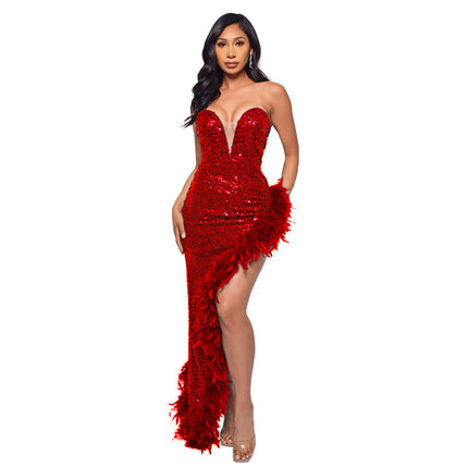 Women's Strapless Backless Sequin Slit Dress