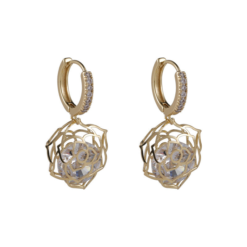 Sparkling Inlaid Zirconium Hollow Rose Zircon Earrings