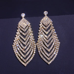 Crystal Long Diamond Leaf Earrings Personality Super Flash Hollow Diamond Stud Earrings