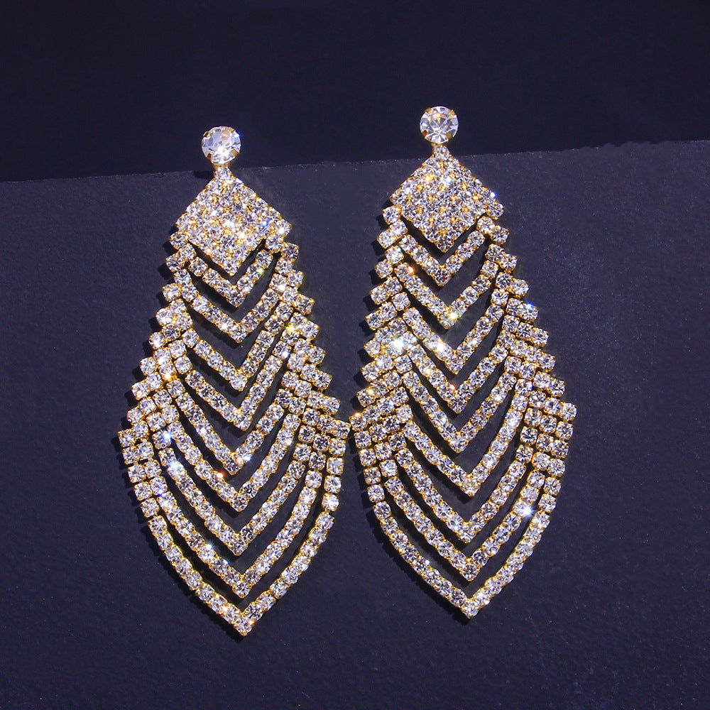 Crystal Long Diamond Leaf Earrings Personality Super Flash Hollow Diamond Stud Earrings