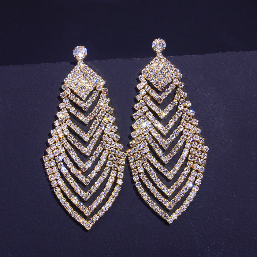 Crystal Long Diamond Leaf Earrings Personality Super Flash Hollow Diamond Stud Earrings