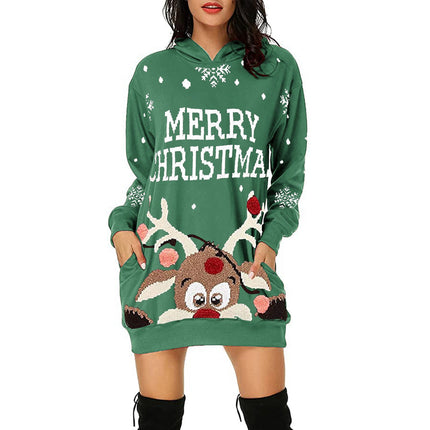 Women's Printed Mid-length Pocket Hooded Long Sleeve Sweatshirt