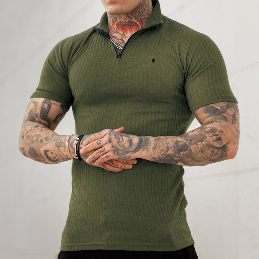 Rib Zipper Funnel Neck Raglan Short Sleeves