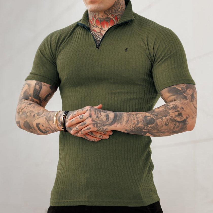 Rib Zipper Funnel Neck Raglan Short Sleeves