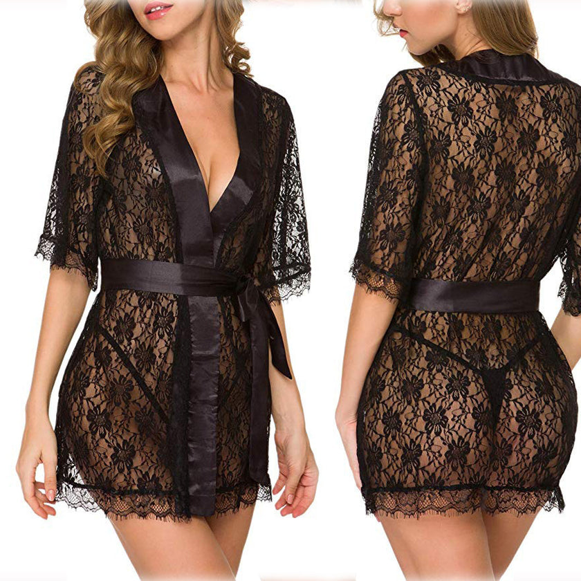 Lingerie Women Lace Hollow-out Robe Suits Pajamas silk