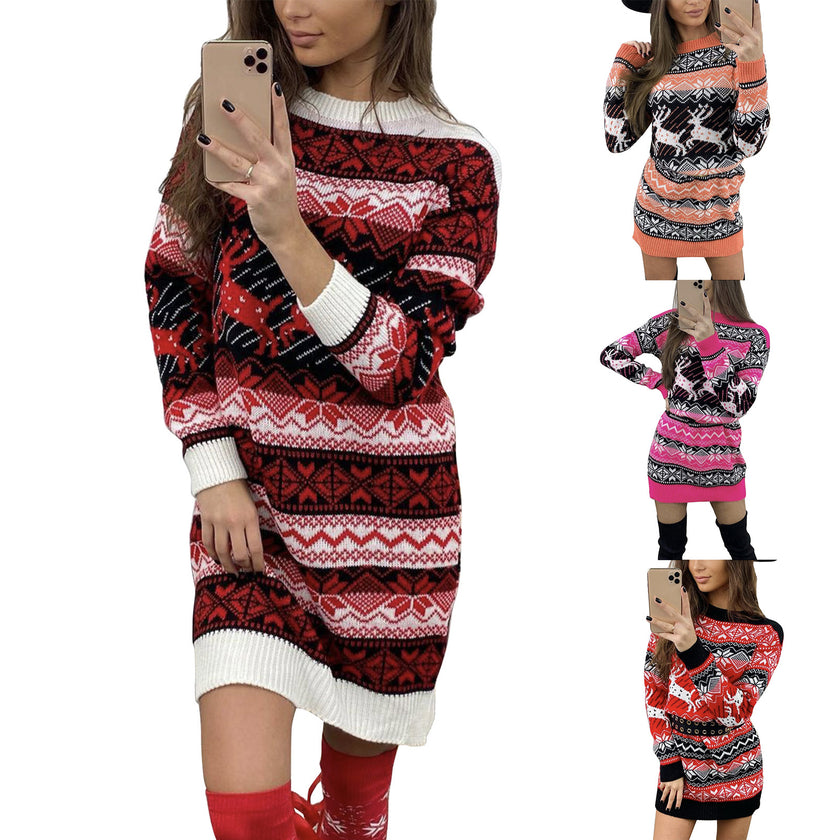 Elk Christmas Jacquard Long Sleeve Woolen Dress