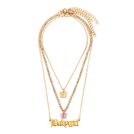 Resin Metal Butterfly Pendant Babygirl Letter Accessory Multilayer Necklace