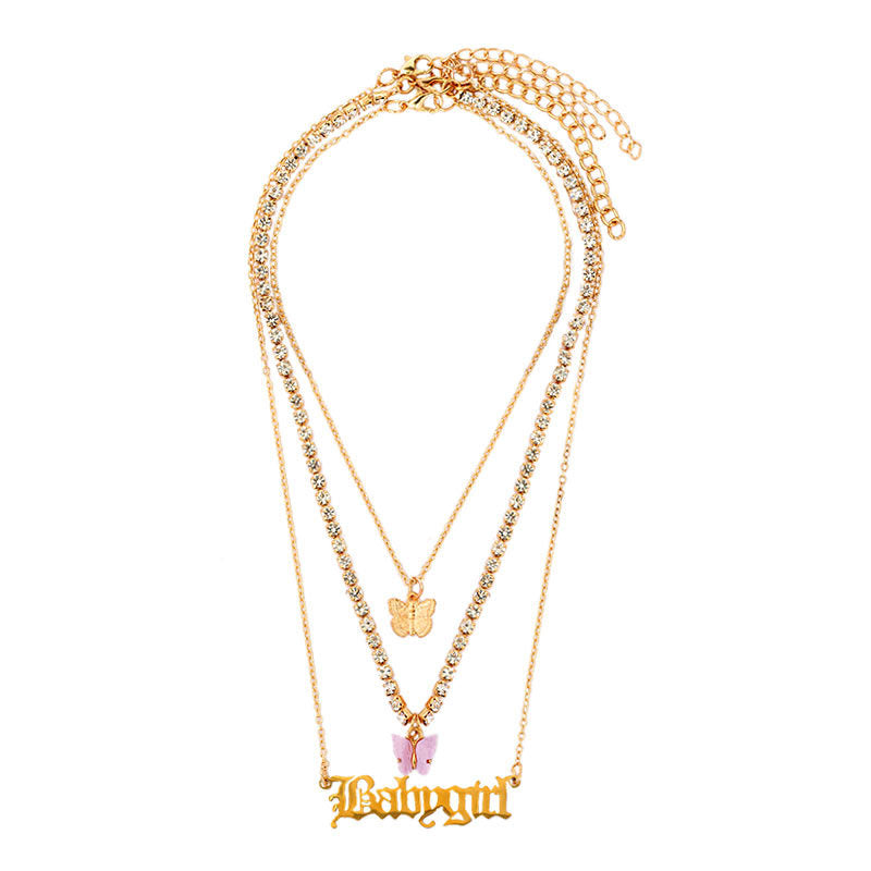 Resin Metal Butterfly Pendant Babygirl Letter Accessory Multilayer Necklace