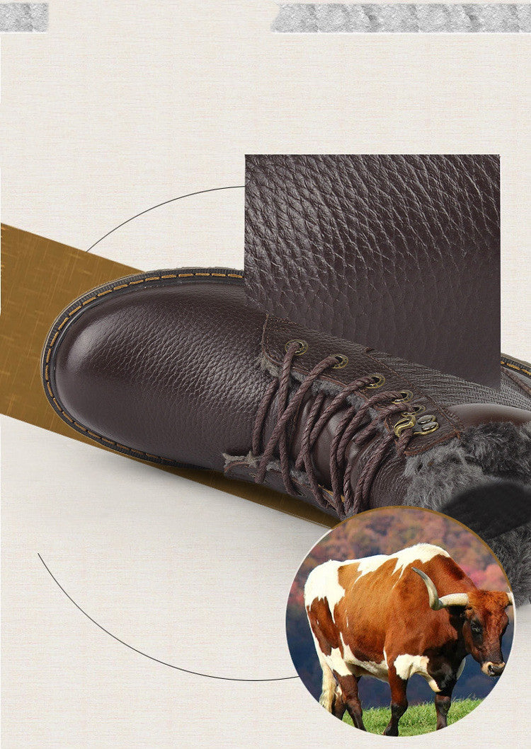 Winter Men's High-top Plus Fluffy Cotton Shoes Cowhide Plus Size To Keep Warm