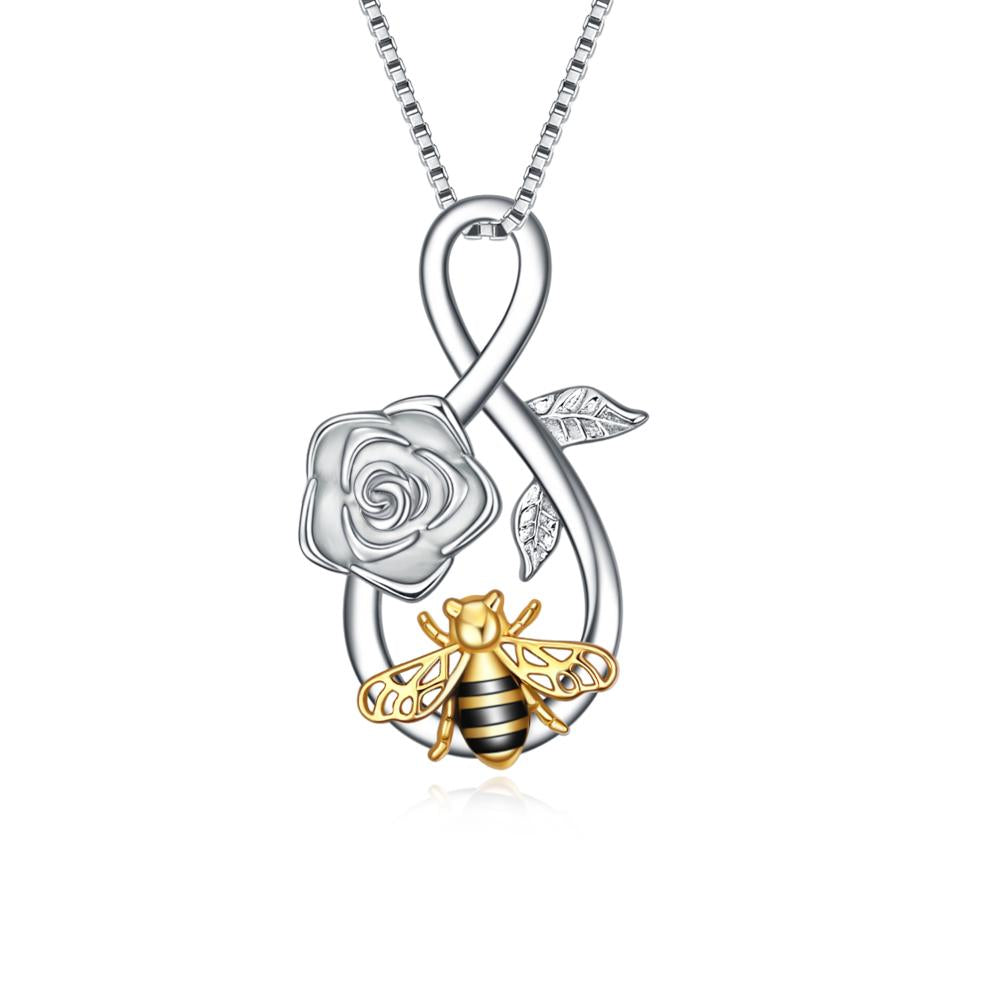 Sterling Silver Infinity Love Bee Pendant Necklace with Rose Flower Jewelry