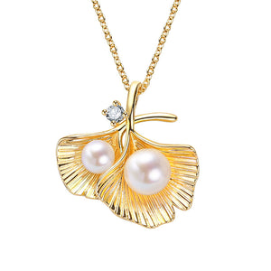 Natural Pearl Jewelry Vintage Double Leaf Zircon Gold Color Pendant Necklace For Woman