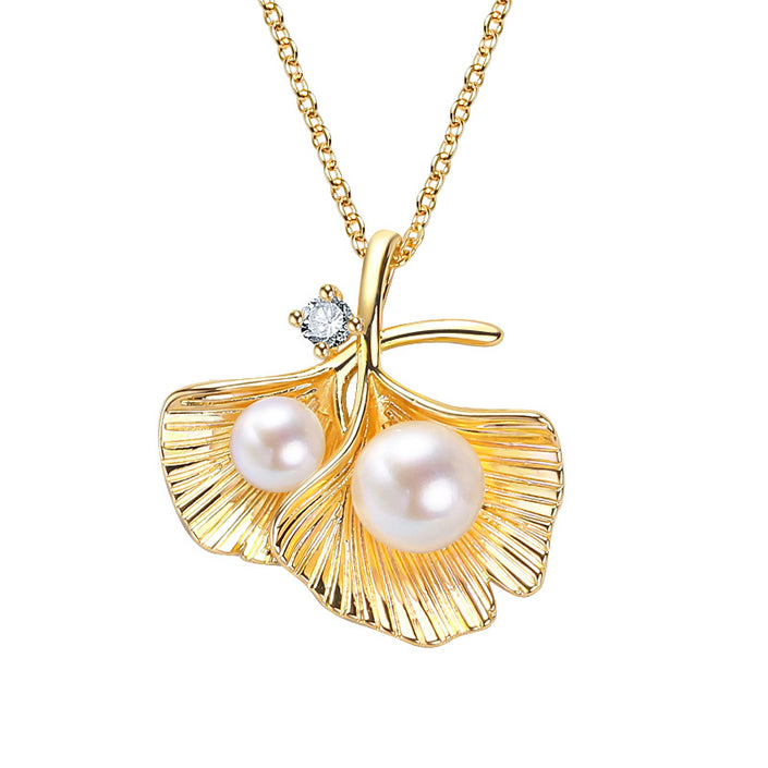 Natural Pearl Jewelry Vintage Double Leaf Zircon Gold Color Pendant Necklace For Woman