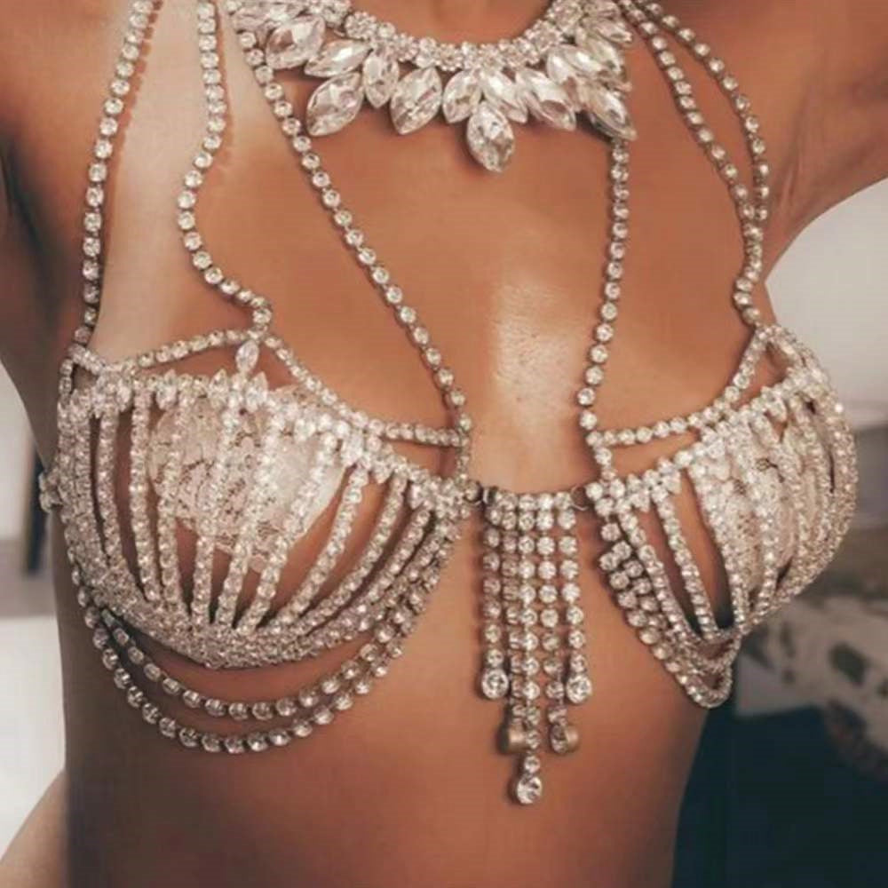 Women's Fashion Accessories Shell Rhinestone Bra Fringe Body Chain