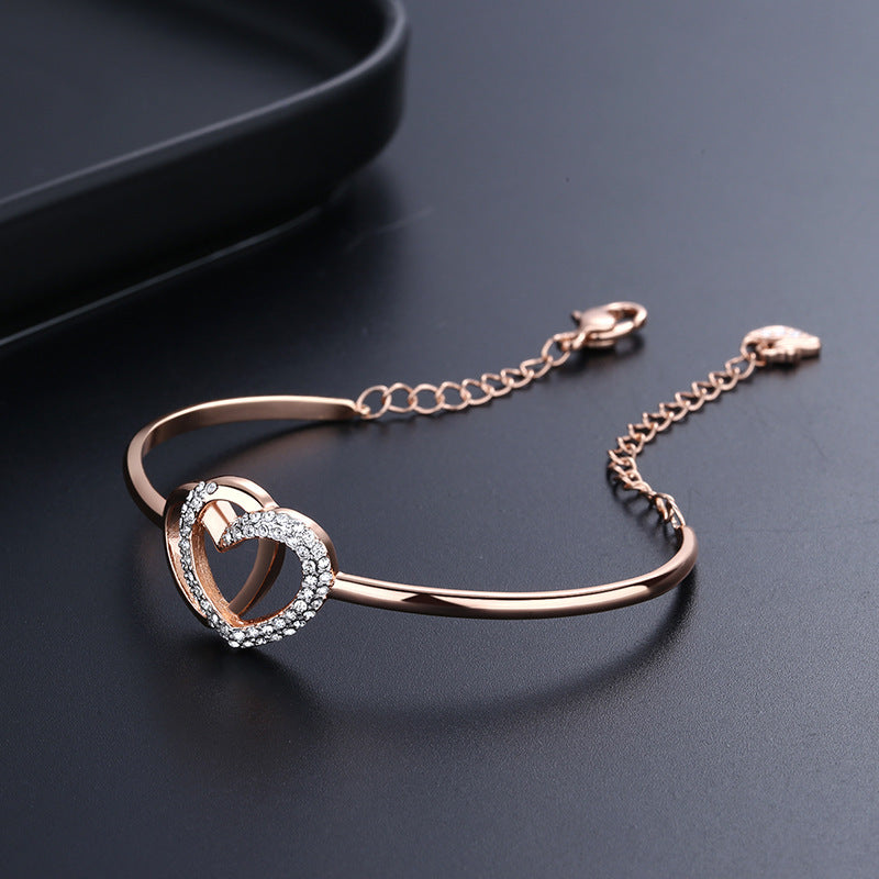 Elegant Romantic Temperament Double Heart Design Clavicle Chain Diamond Love Heart